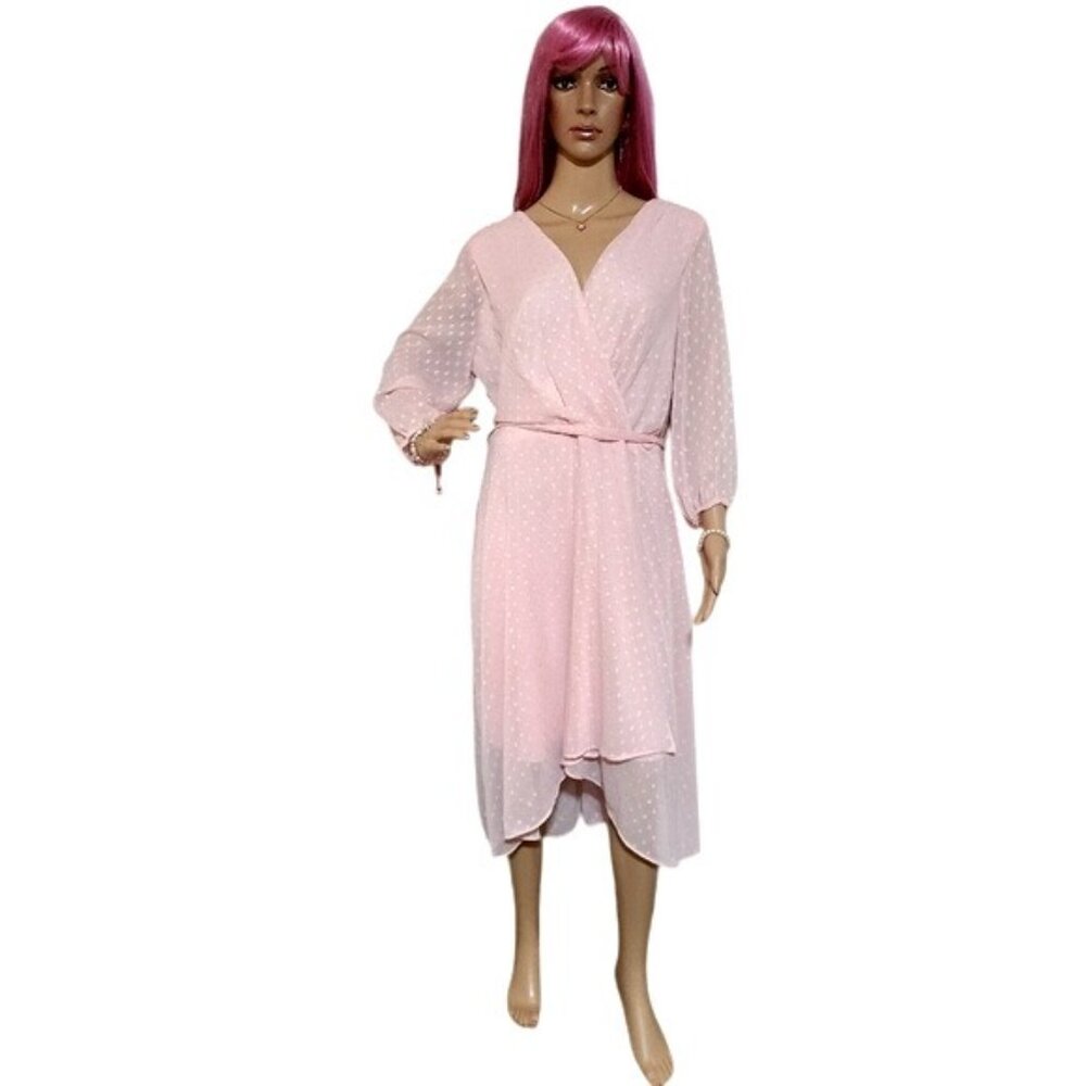Tommy Hilfiger Pink Polka Dot Wrap Midi Dress With Sheer Sleeves & Belt Size 16